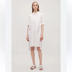COS White Voluminous Poplin Collared Cotton Shirt Dress Size 4 Classic Modern